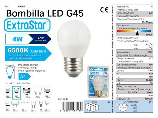 LÂMPADA LED BOLA 4W E27 320LM 6500K LUZ DIA 4W LED