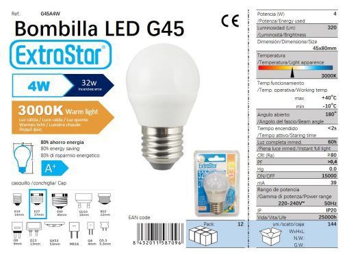 LÂMPADA LED BOLA 4W E27 320LM 3000K CJ 144 4W LED