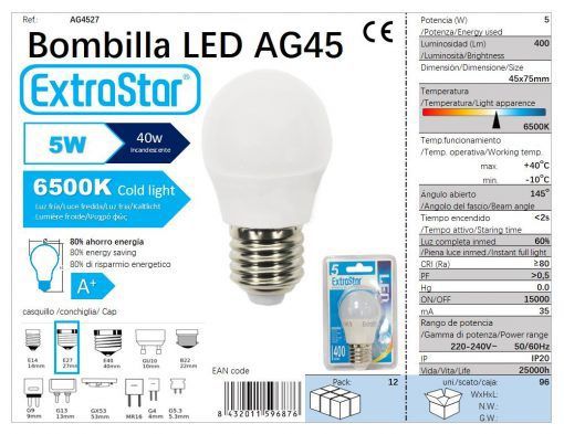 LÂMPADA BOLA LED G45 5w E27 6400K LUZ DIA CJ96 5W LED