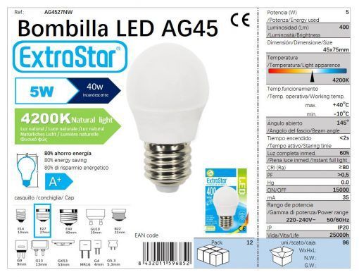 LÂMPADA BOLA LED G45 5w E27 4200K LUZ NATURAL 5W LED